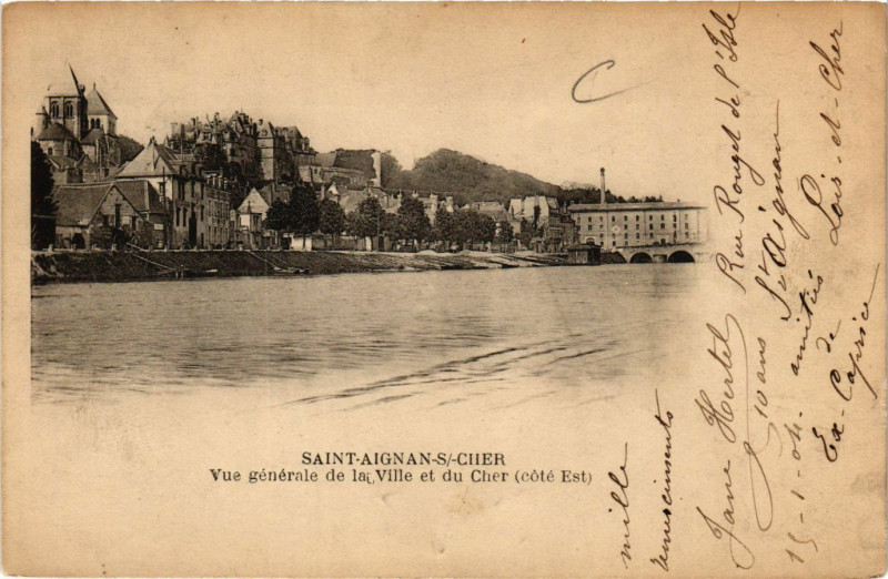 Carte postale ancienne Saint-Aignan-sur-Cher - Vue generale de la Ville et du Cher (cote Est à Saint-Aignan
