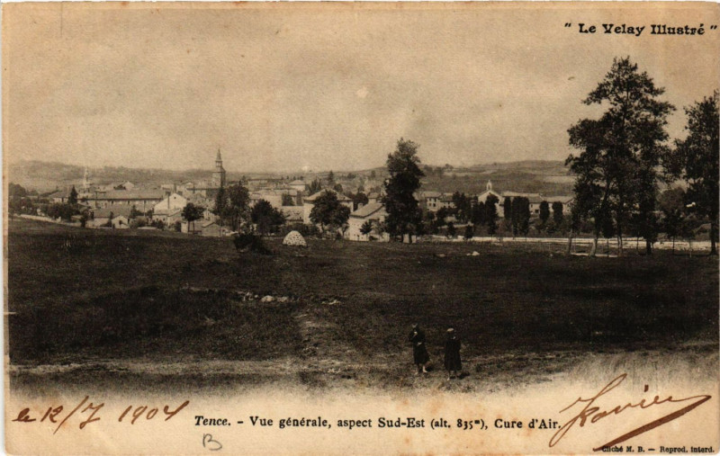 Carte postale ancienne Tence - Vue générale aspect Sud-Est (alt 855 m) Cure d'Air à Tence
