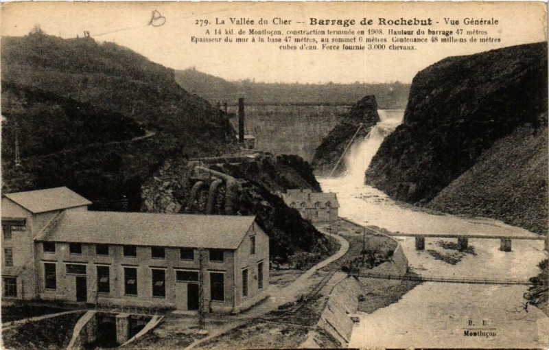 Carte postale ancienne La Vallée du Cher Barrage de Rochebut Vue générale