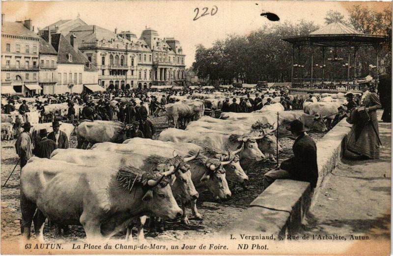 Carte postale ancienne Autun La Place du Champ de Mars un Jour de Foire à Autun