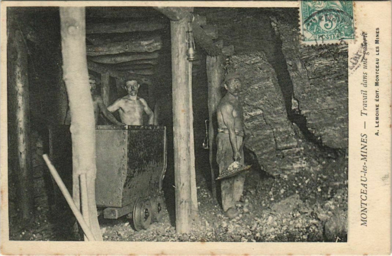 Carte postale ancienne Montceau les Mines Travail dans une galerie France à Mont