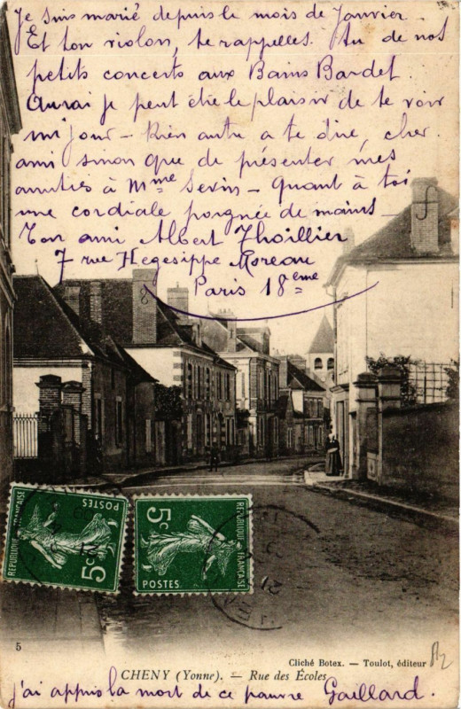 Carte postale ancienne Cheny - Rue des Ecoles à Cheny