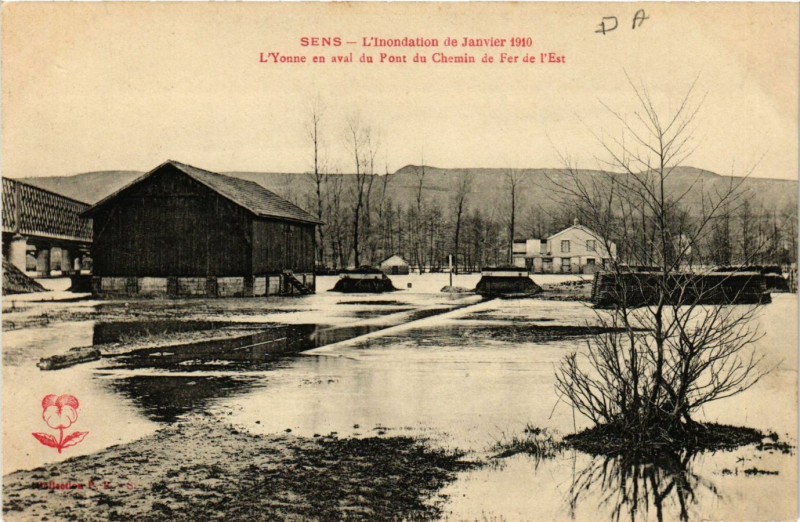 Carte postale ancienne Sens - L'Inondation de Janvier 1910 - l'Yonne en aval du Pont du. à Sens