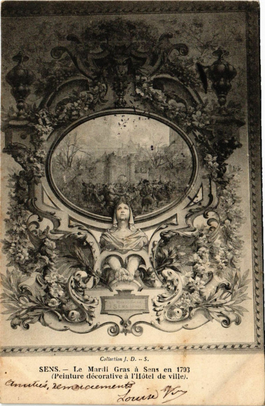 Carte postale ancienne Sens - Le Mardi Gras a Sens en 1793 ( Peinture décirative a .. à Sens