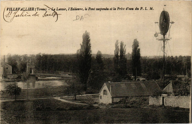 Carte postale ancienne Villevallier - Le Lavir l'Eolienne le Pont suspendu et la à Villevallier