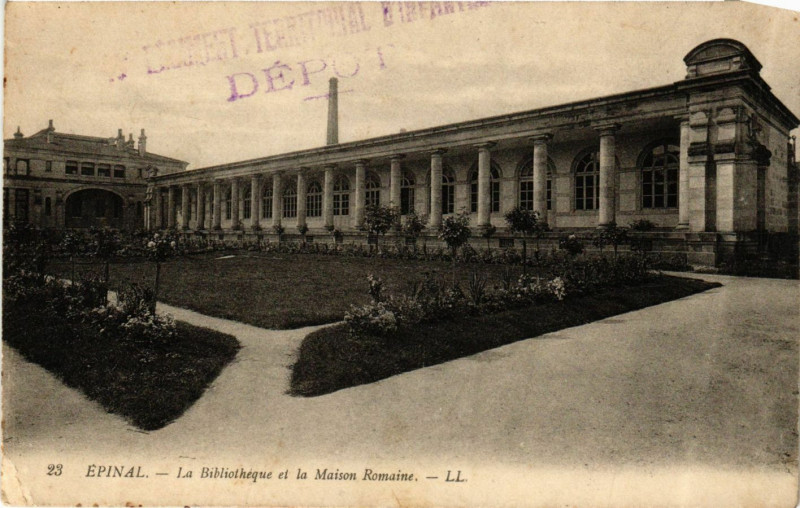 Carte postale ancienne Epinal - La Bibliotheque et la Maison Romaine à Épinal