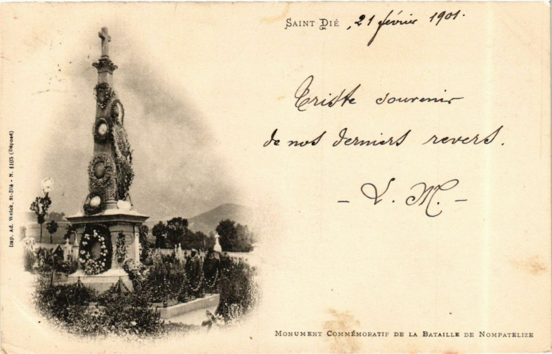 Carte postale ancienne Saint-Die le 21 fevrier 1901 - Mon. Commemoratif de la.