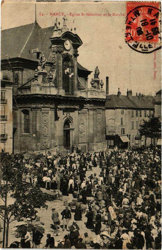 Carte postale ancienne Nancy Eglise Saint-Sebastien et le Marché à Nancy