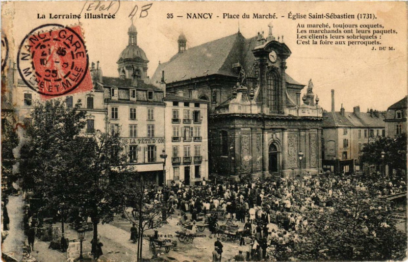 Carte postale ancienne Nancy Place du Marché Eglise Saint-Sebastien à Nancy