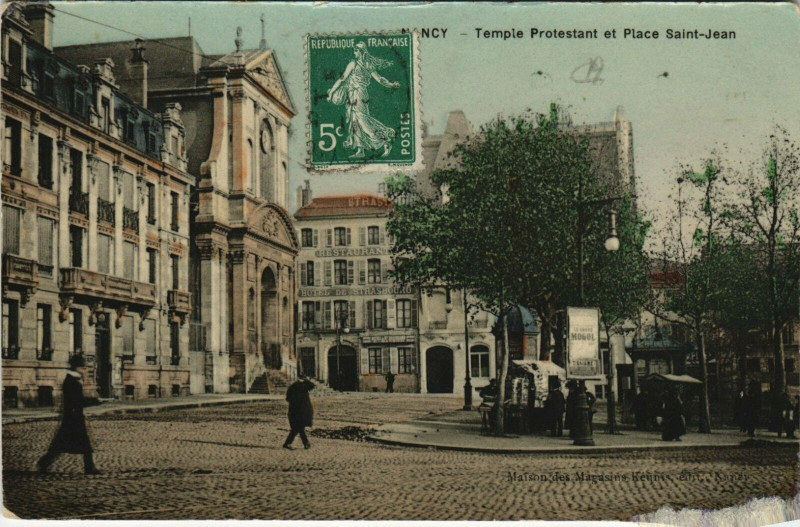 Carte postale ancienne Nancy. Temple Protestant et Place Saint-Jean à Nancy