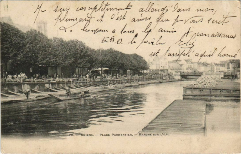 Carte postale ancienne Amiens Place Parmentier Marché sur l'eau à Amiens