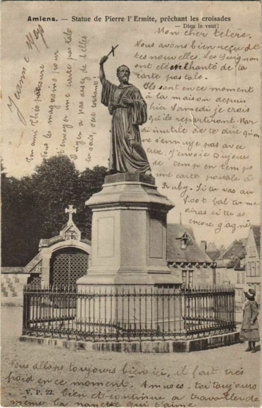 Carte postale ancienne Amiens Statue de Pierre l'Ermite à Amiens