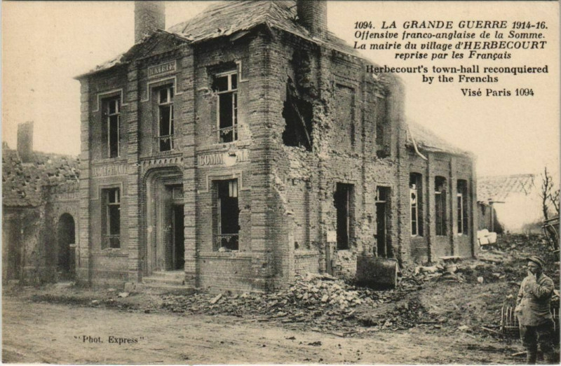 Carte postale ancienne Guerre Military Herbecourt La mairie à Herbécourt