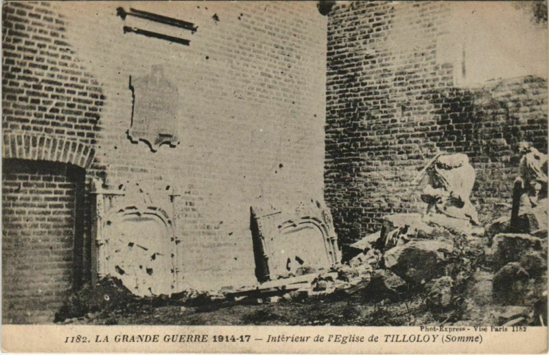 Carte postale ancienne La Grande Guerre 1914-17 - Int. de l'Eglise de Tilloloy à Tilloloy