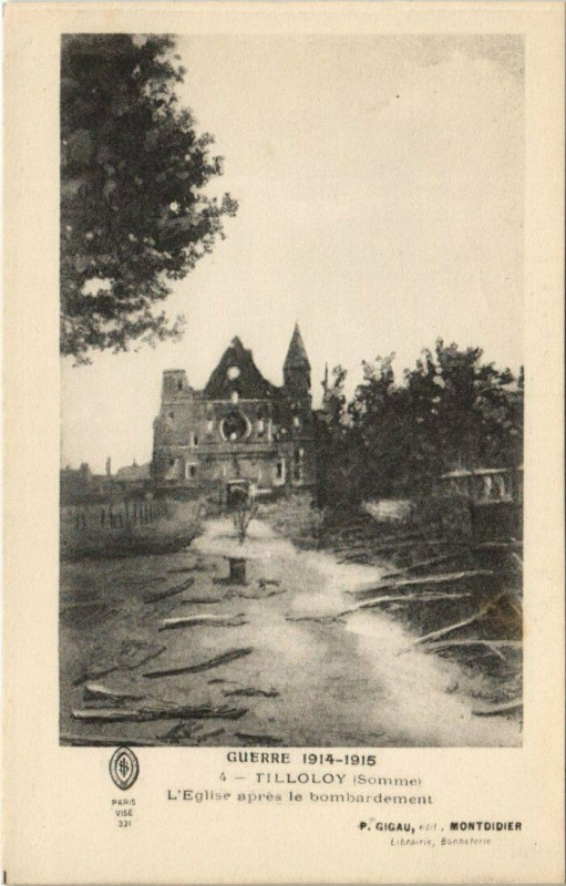 Carte postale ancienne Guerre 1914-1915 Tilloloy L'Eglise apres le bombardement à Tilloloy