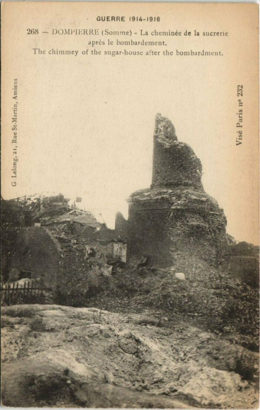 Carte postale ancienne Guerre 1914-1916 Dompierre La cheminée de la sucrerie apres le b.