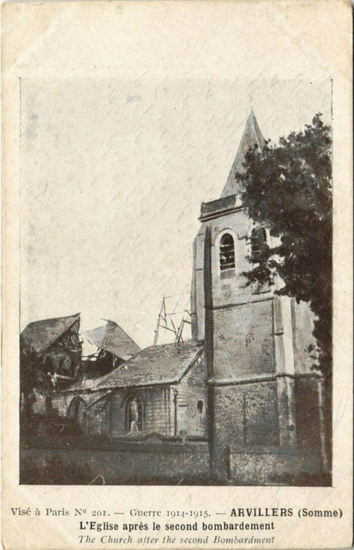 Carte postale ancienne Guerre 1914-1915 - Arvillers L'Eglise epres le second bombardement à Arvillers