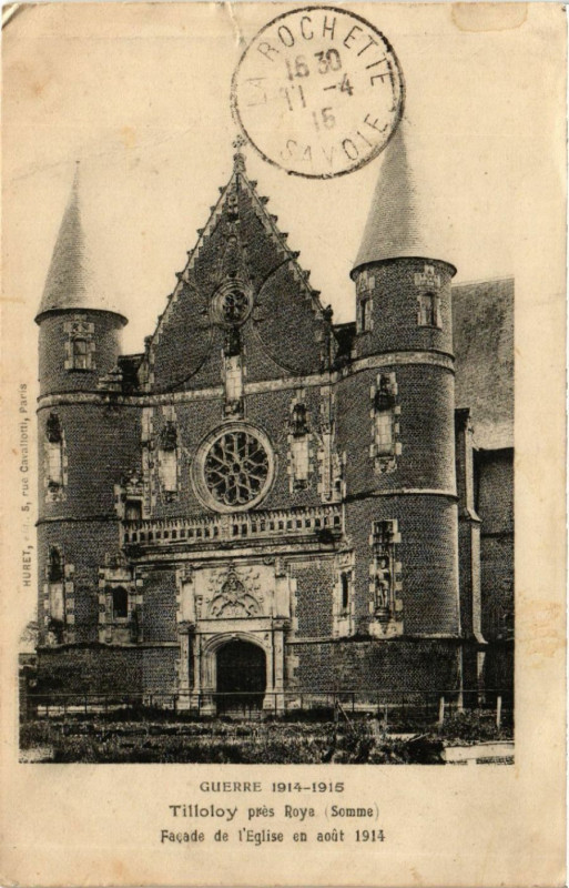 Carte postale ancienne Guerre 1914-1916 - Tilloloy pres Roye - Facade de l'Eglise à Tilloloy