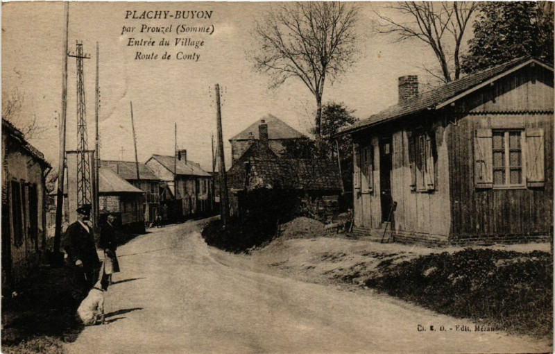 Carte postale ancienne Plachy-Buyon par Prouzel - Entrée du Village - Route de Conty à Plachy-Buyon
