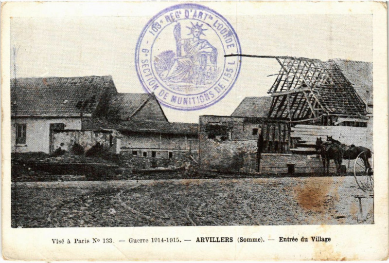 Carte postale ancienne Guerre 1914-1915 - Arvillers - Entrée du Village à Arvillers
