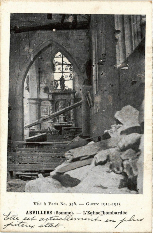 Carte postale ancienne Guerre 1914-1915 - Arvillers - l'Eglise bombardere à Arvillers