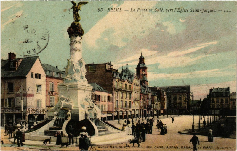 Carte postale ancienne Reims - La Fontaine Sube vers l'Eglise Saint-Jacques à Reims