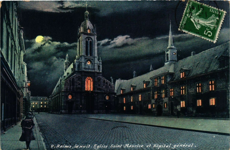 Carte postale ancienne Reims la nuit-Eglise Saint-Maurice et Hopital général à Reims