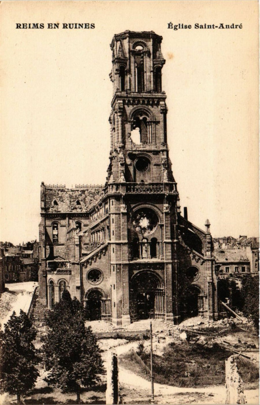Carte postale ancienne Reims en Ruines - Eglise Saint-André à Reims