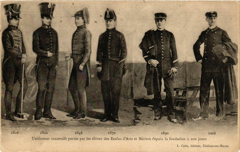 Carte postale ancienne Uniformes successifs portés par les élevés des Ecoles d'Arts et Métiers depuis la fondation à nos jours à Paris 13e