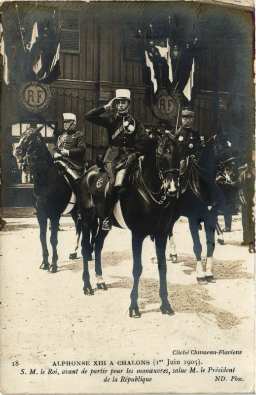 Carte postale ancienne Alphonse Xii A. Chalons (1. Juin1905) S. M. Roi monte a cheval a
