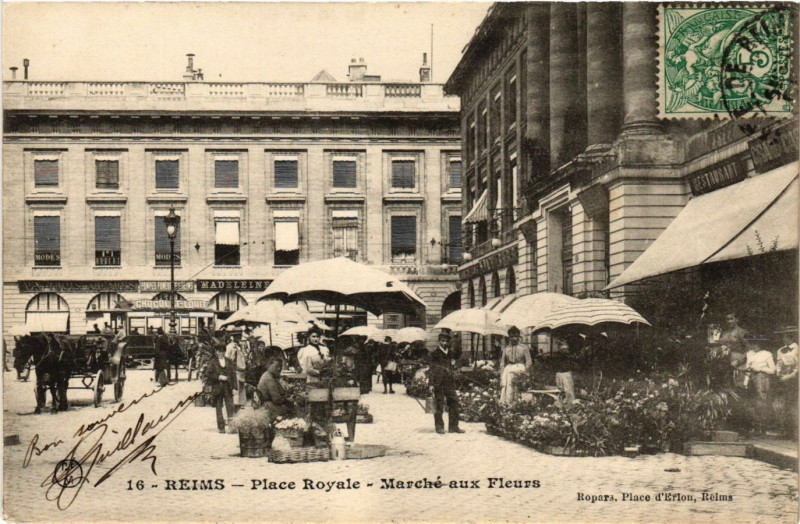 Carte postale ancienne Reims - Place Royale - Marche aux Fleurs à Reims