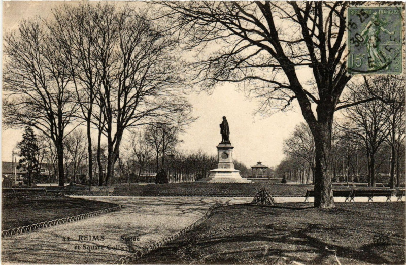 Carte postale ancienne Reims - Statue et Square Colbert à Reims