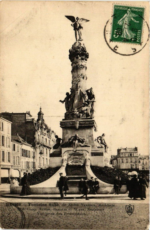 Carte postale ancienne Reims - Fontaine Sube de Andre Napjoux Architecte à Reims