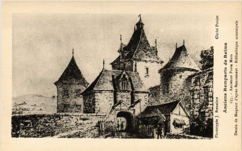 Carte postale ancienne Anciens Remparts de Reims Ancienne Porte Mars Dessin de Maquart à Reims