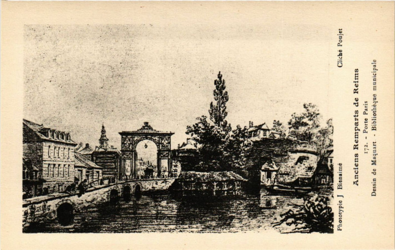 Carte postale ancienne Anciens Remparts de Reims - Porte Paris - Dessin de Maquart - à Reims