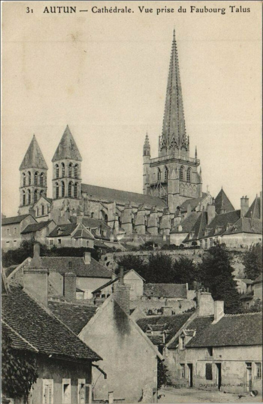 Carte postale ancienne Autun Cathedrale - Vue prise du Faubourg Talus à Autun