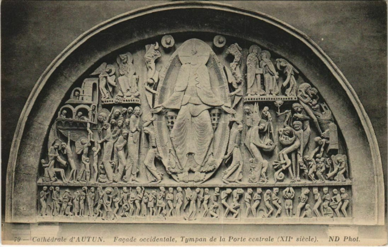 Carte postale ancienne Autun Cathedrale - Facade Occidentale Tympan de la Porte Centrale à Autun