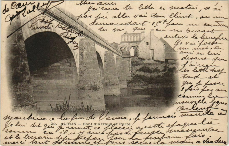 Carte postale ancienne Autun Pont d'Arroux et Porte à Autun
