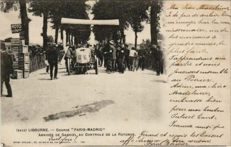 Carte postale ancienne Libourne Course Paris-Madrid Arrivée de Gabriel