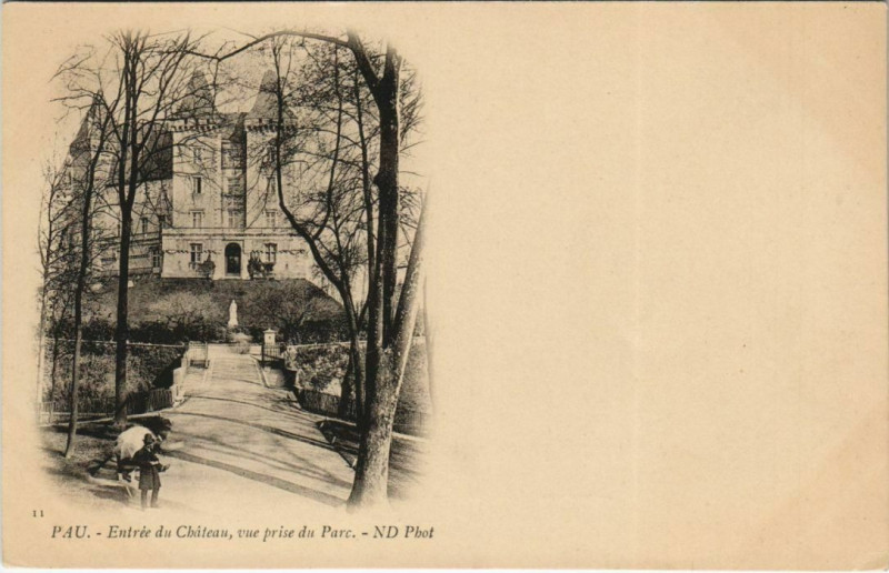 Carte postale ancienne Pau Entree du Chateau, vue prise du Parc France à Pau