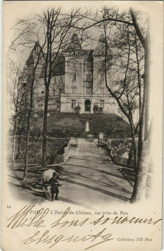 Carte postale ancienne Pau Entree du Chateau ,vue prise du Parc France à Pau