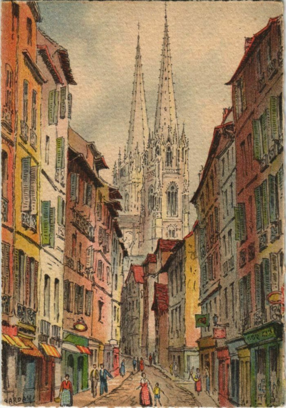 Carte postale ancienne Bayonne Rue du Port Neuf et la Cathedrale France à Bayonne