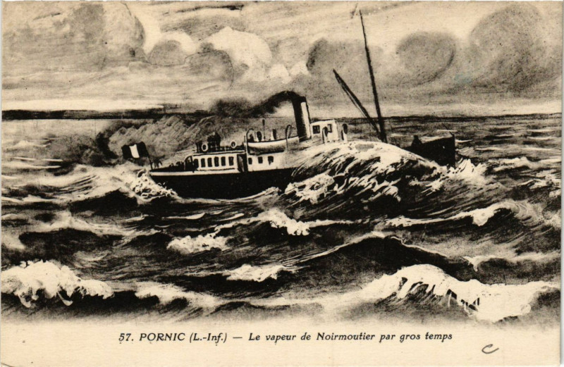 Carte postale ancienne Pornic - Le vapeur de Noirmoutier par gros temps à Pornic
