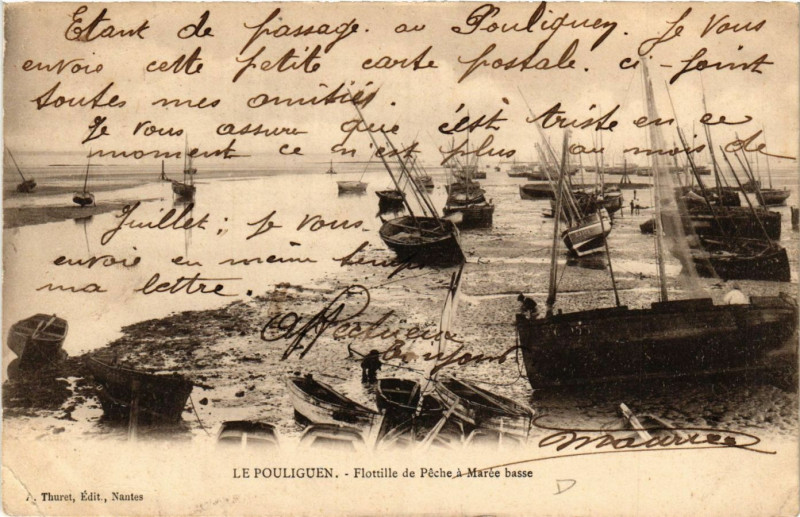 Carte postale ancienne Le Pouliguen - Flottille de Peche a Marée basse au Pouliguen