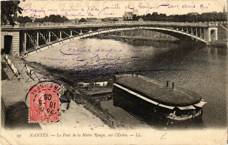 Carte postale ancienne Nantes - Le Pont de la Motte Rouge sur l'Erdre à Nantes