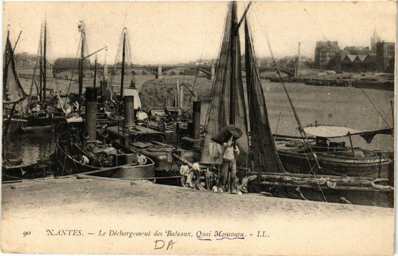 Carte postale ancienne Nantes - Le Dlchargement des Bateaux Quai Moncousu à Nantes