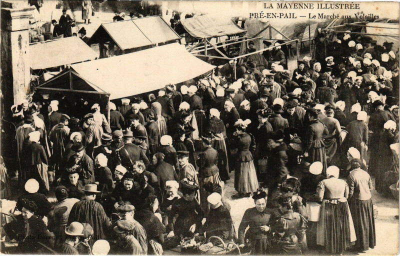 Carte postale ancienne Pré-en-Pail - Le Marché aux Volailles