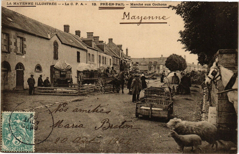 Carte postale ancienne Pré-en-Pail - Marché aux Cochons