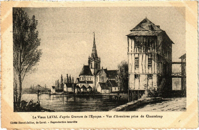 Carte postale ancienne Le vieux Laval d'aprés Gravure de l'Epoque-Vue d'Aveniéres à Laval