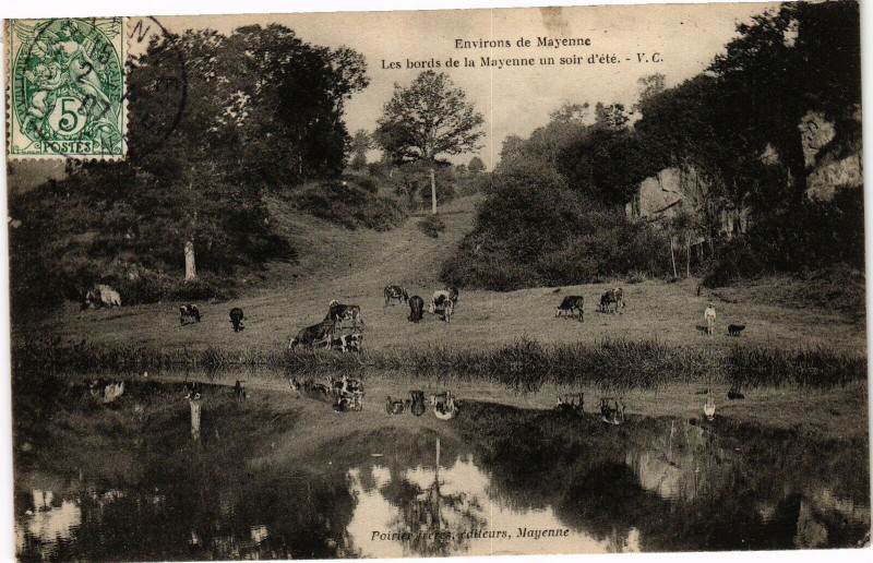 Carte postale ancienne Mayenne-Les bords de la Mayenne un soir d'été à Mayenne